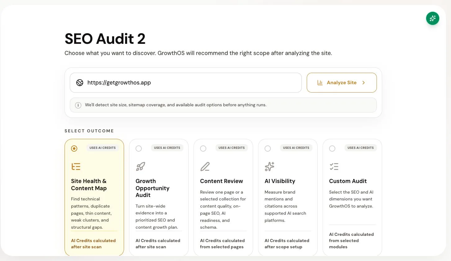BridgeSEO audit setup with site health, content review, growth opportunity, AI visibility, and custom audit options