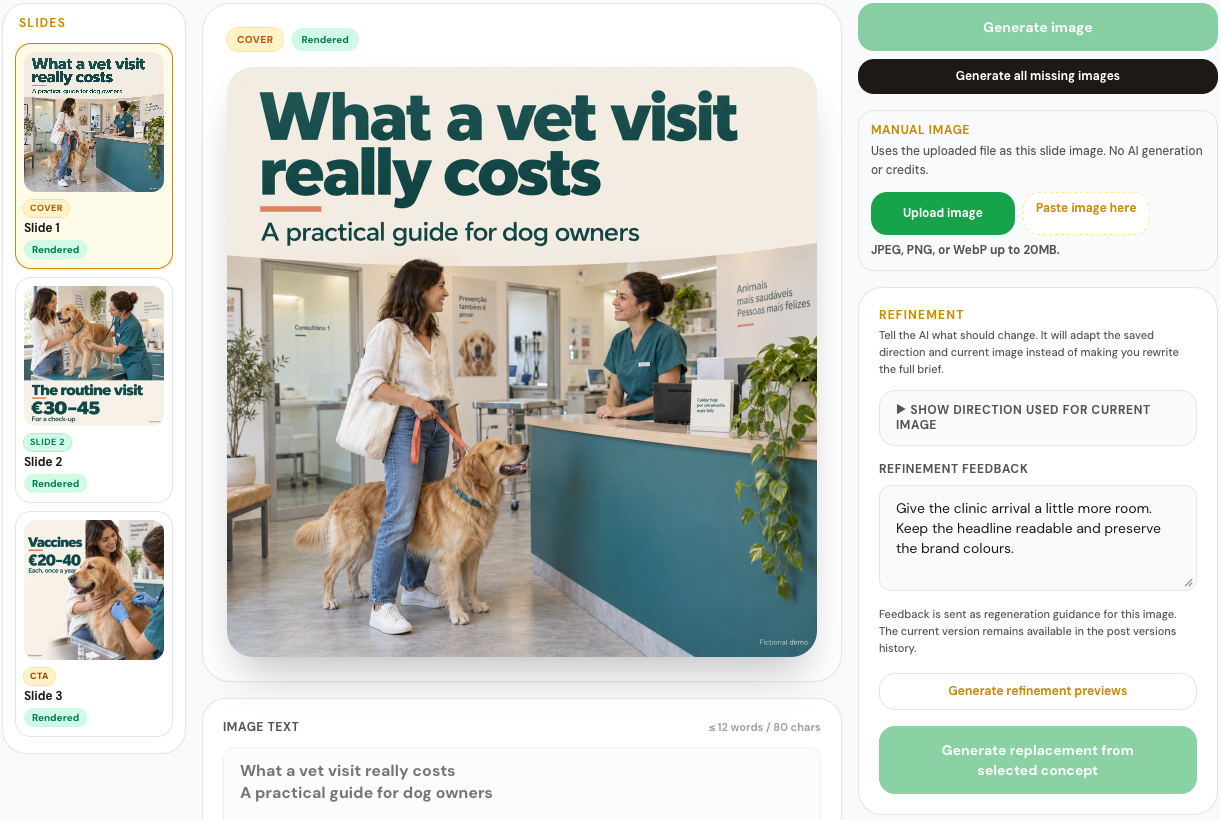 Growth OS’s social studio with a three-slide carousel for a fictional pet-insurance brand: arriving at the clinic, a routine check-up costing €30–45, and vaccines costing €20–40. The selected cover shows the full generated image, its headline and subtitle, alongside a plain-language request to refine that slide.