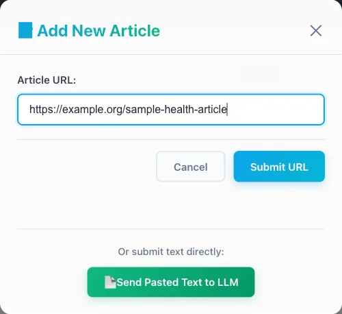 HealthPortal source-entry dialog accepting an article URL or pasted text