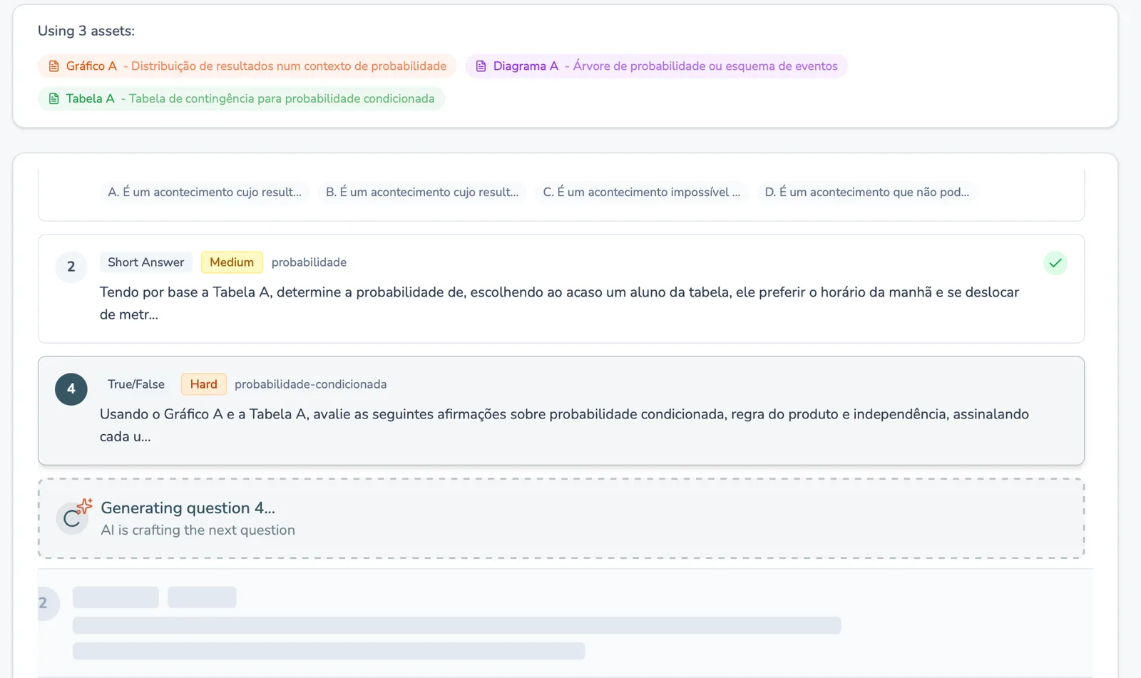 TeacherZero streaming generated questions into a worksheet draft with type, difficulty, and topic labels