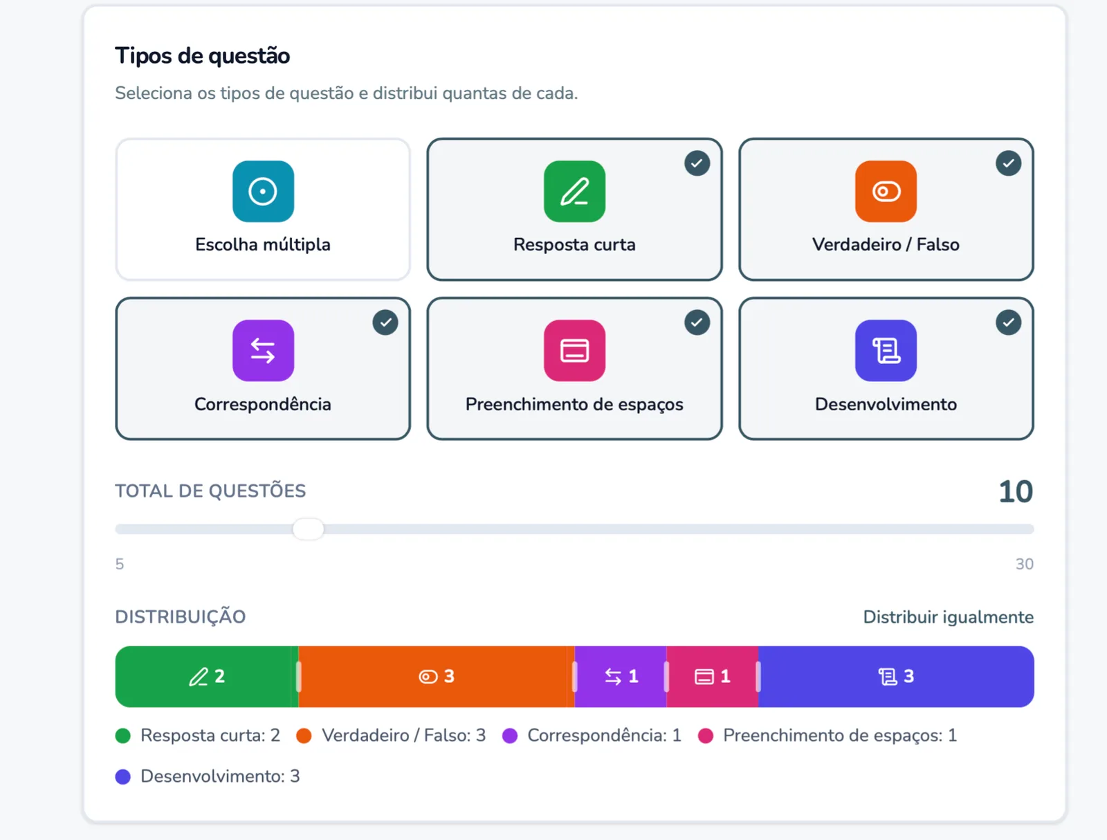 TeacherZero wizard step for choosing question types and distributing question counts